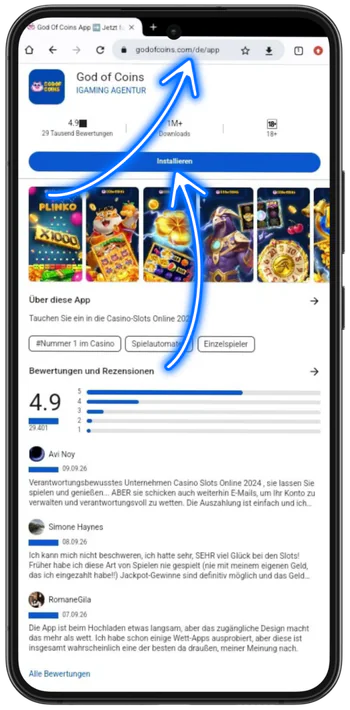 God of Coins Casino App-Seite in Chrome mit Button Installieren