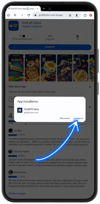 God of Coins Casino Chrome-Dialog App installieren mit GodOfCoins auf Android