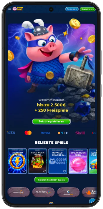 God of Coins Casino Geöffnete God of Coins App auf Android mit Hauptseite